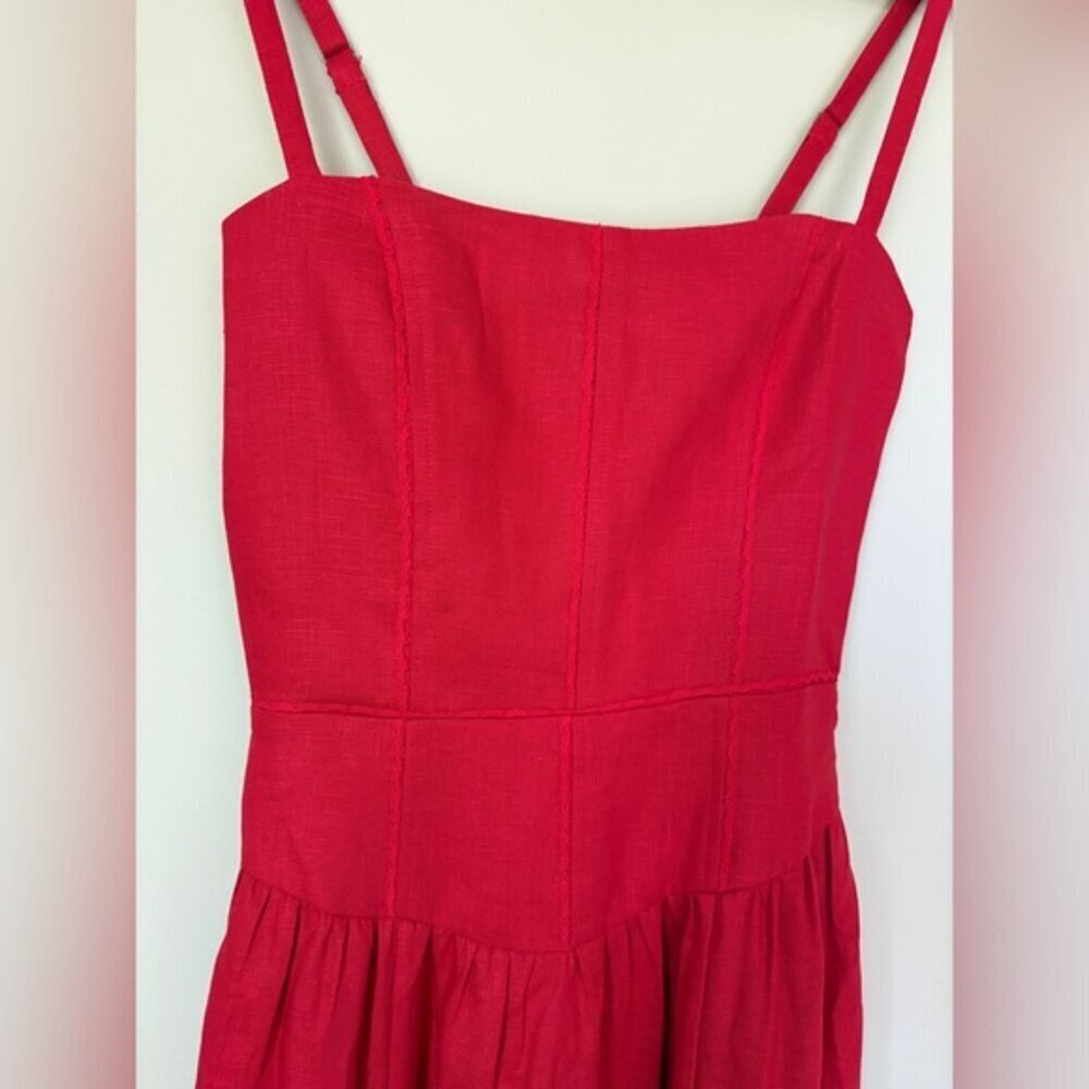 Reformation Katarin Linen Midi Dress Lipstick Red Lace Detail | US 2 UK 6 - Picture 12 of 14